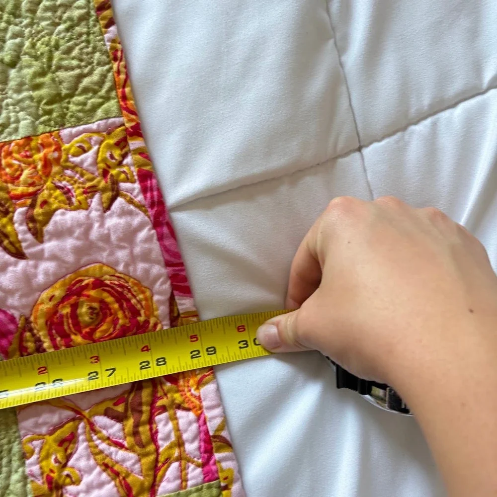 Vintage Handmade Floral Patchwork Quilted Table Runner Pink Yellow Green 29x28